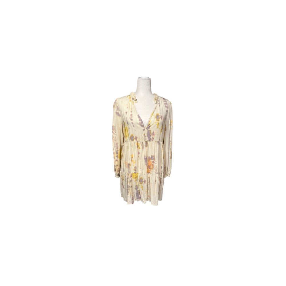 True Craft deep v-neck cream floral long sleeve  babydoll dress - S